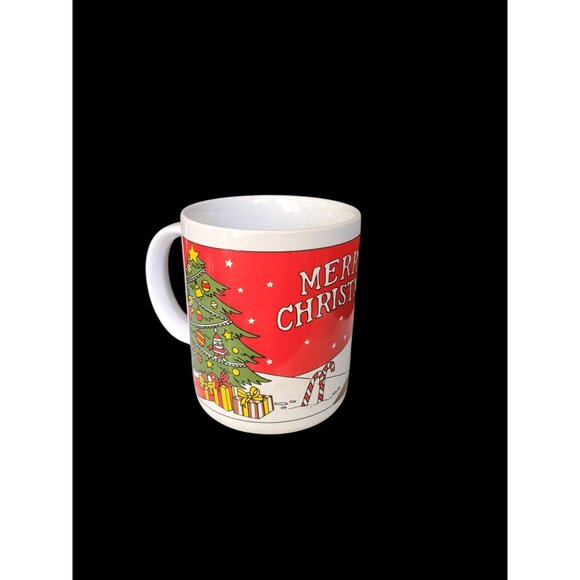 Vtg 80s Merry Christmas Ceramic Coffee Mug Holiday Tree & Candle Designs - Picture 1 of 6